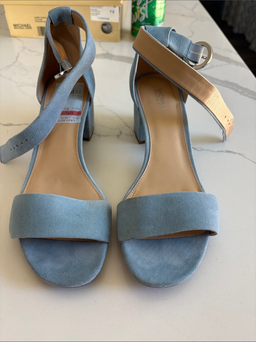 Michael Kors Powder Blue Suede Block Heel Sandals with Ankle Strap sz 7.5.
